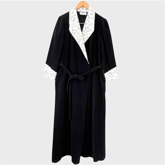 VTG 80s Vanity Fair Velour Maxi Dressing Gown Black Robe Housecoat Lace Trim M - Picture 1 of 10